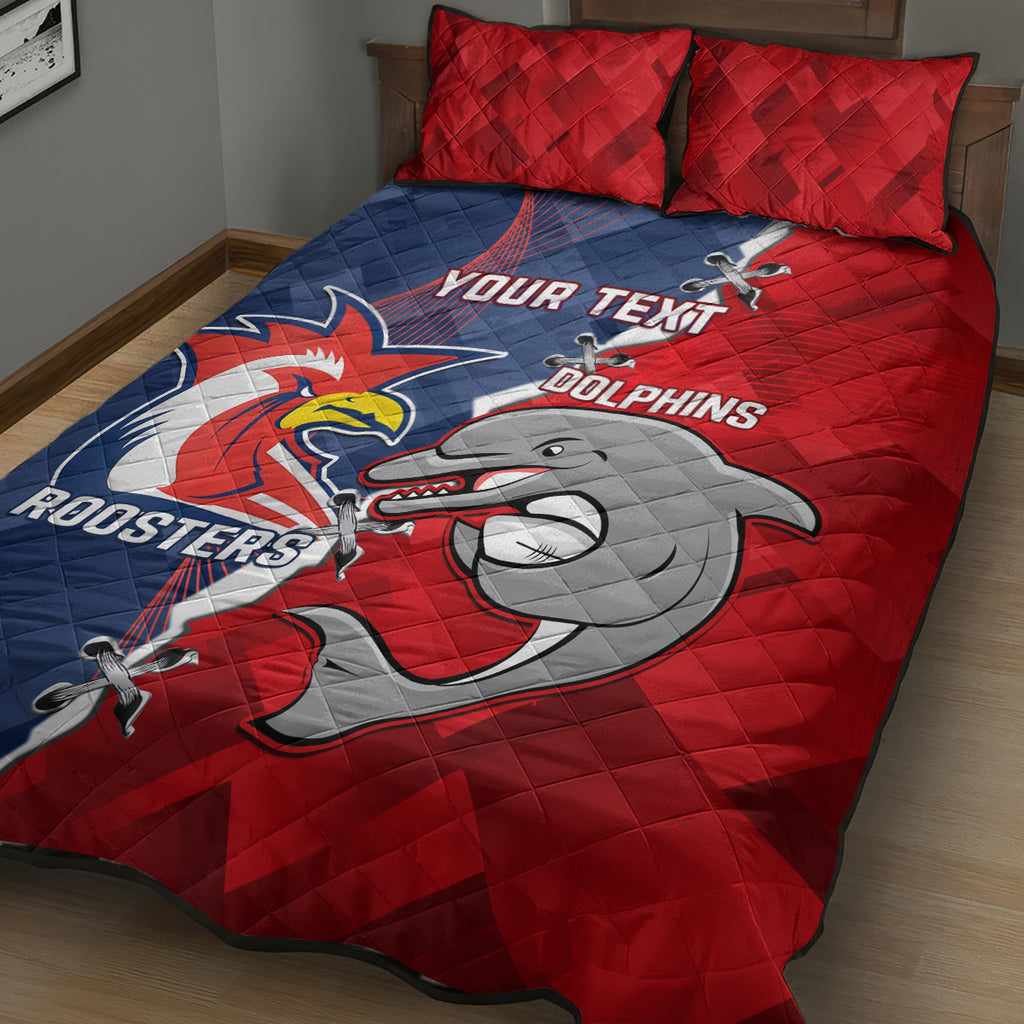 Personalised Dolphins And Roosters Rugby Quilt Bed Set NRL Sporty Style