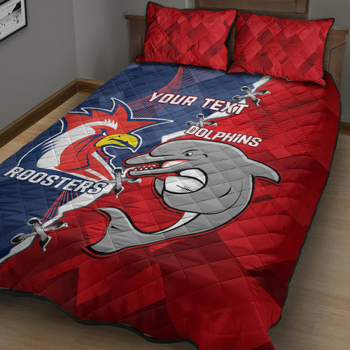 Personalised Dolphins And Roosters Rugby Quilt Bed Set NRL Sporty Style
