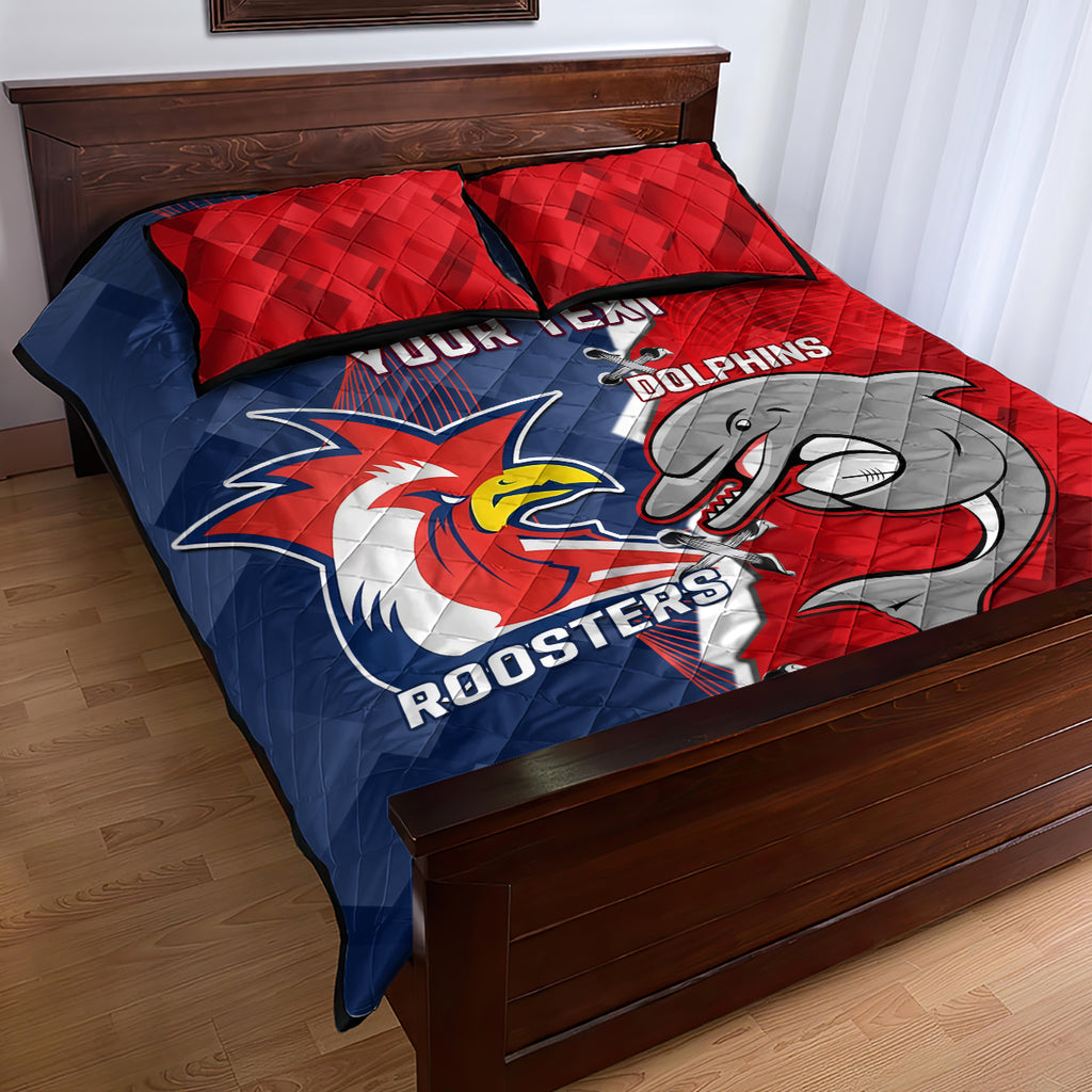 Personalised Dolphins And Roosters Rugby Quilt Bed Set NRL Sporty Style