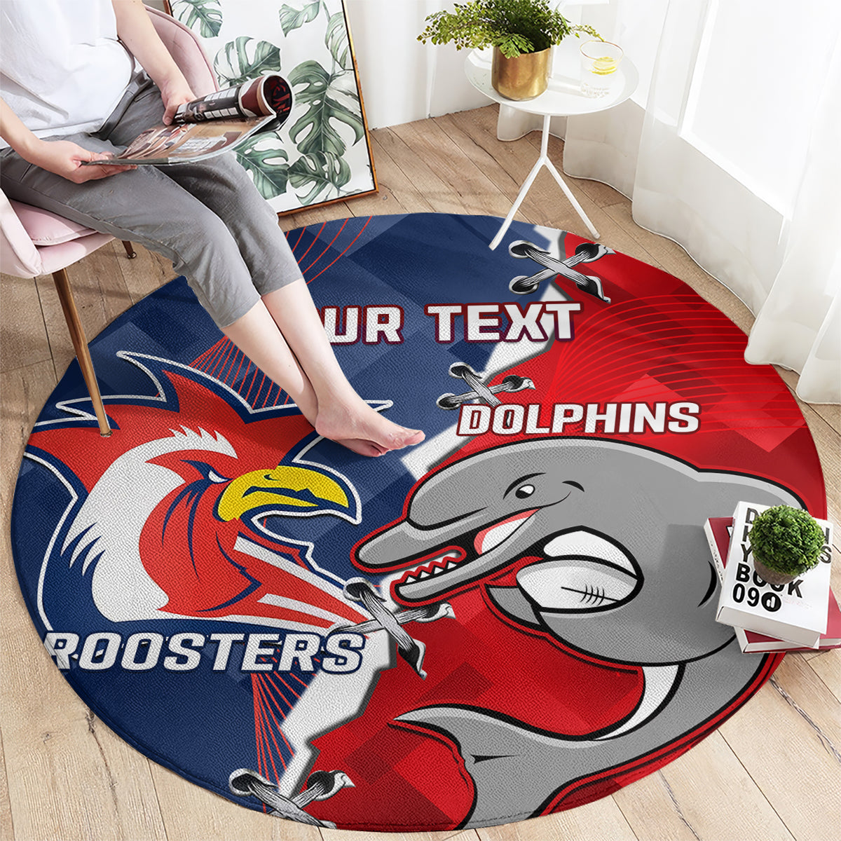 Personalised Dolphins And Roosters Rugby Round Carpet NRL Sporty Style