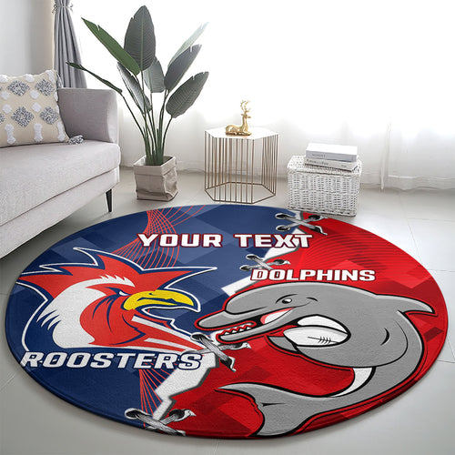 Personalised Dolphins And Roosters Rugby Round Carpet NRL Sporty Style