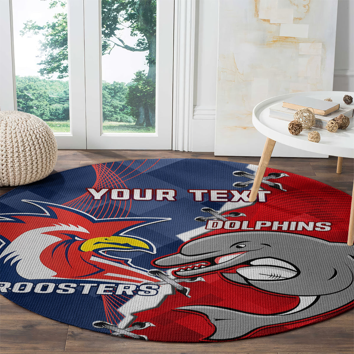 Personalised Dolphins And Roosters Rugby Round Carpet NRL Sporty Style