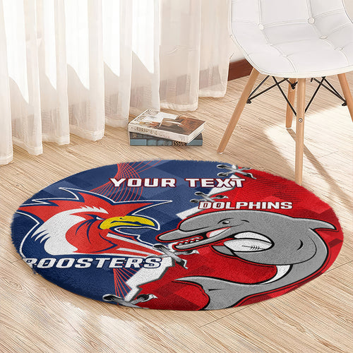 Personalised Dolphins And Roosters Rugby Round Carpet NRL Sporty Style