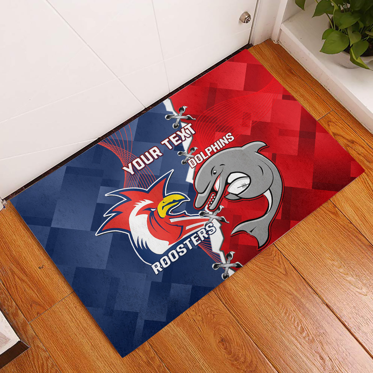 Personalised Dolphins And Roosters Rugby Rubber Doormat NRL Sporty Style