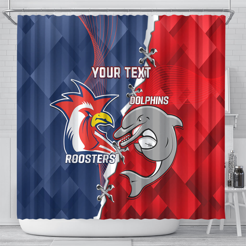 Personalised Dolphins And Roosters Rugby Shower Curtain NRL Sporty Style
