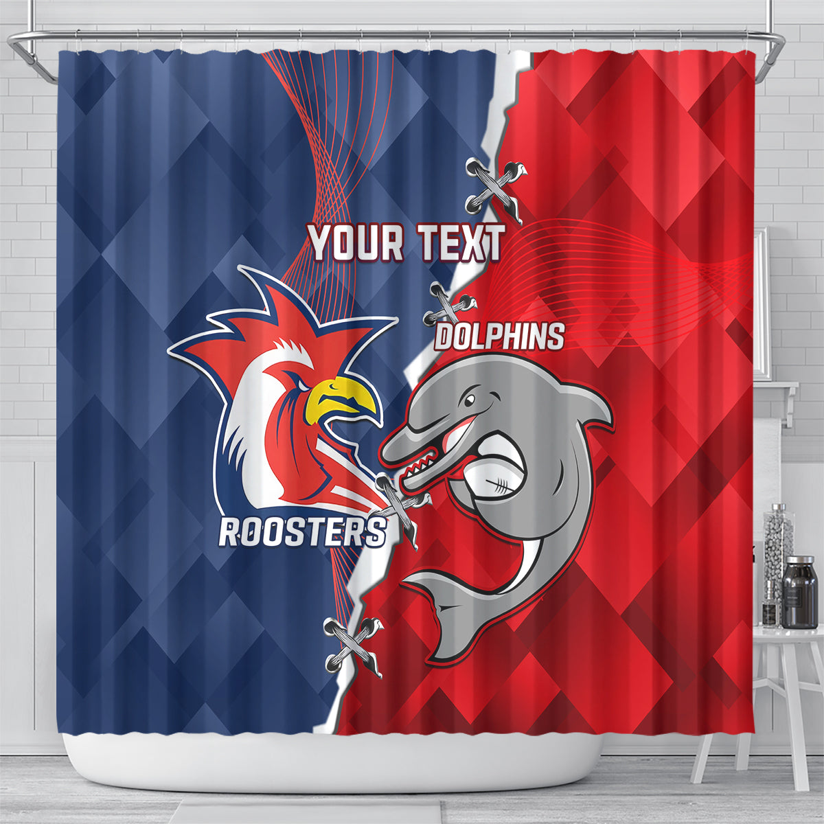 Personalised Dolphins And Roosters Rugby Shower Curtain NRL Sporty Style