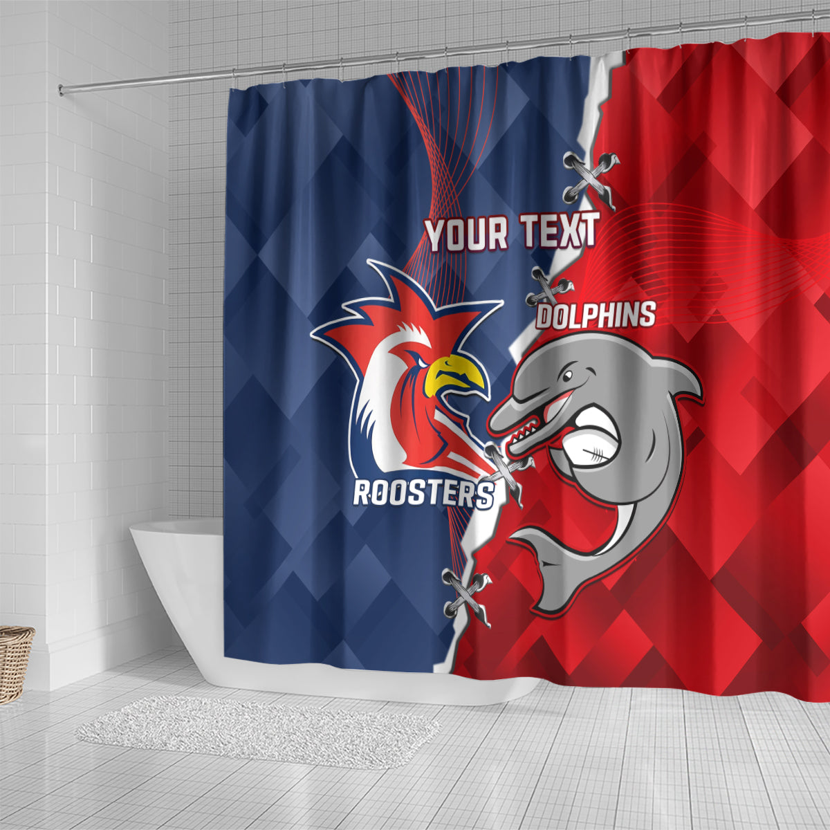 Personalised Dolphins And Roosters Rugby Shower Curtain NRL Sporty Style