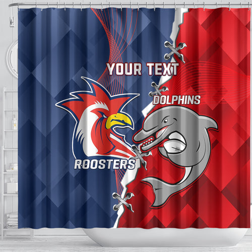 Personalised Dolphins And Roosters Rugby Shower Curtain NRL Sporty Style