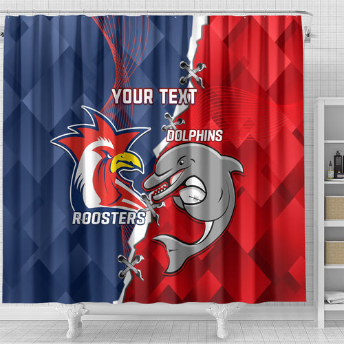 Personalised Dolphins And Roosters Rugby Shower Curtain NRL Sporty Style