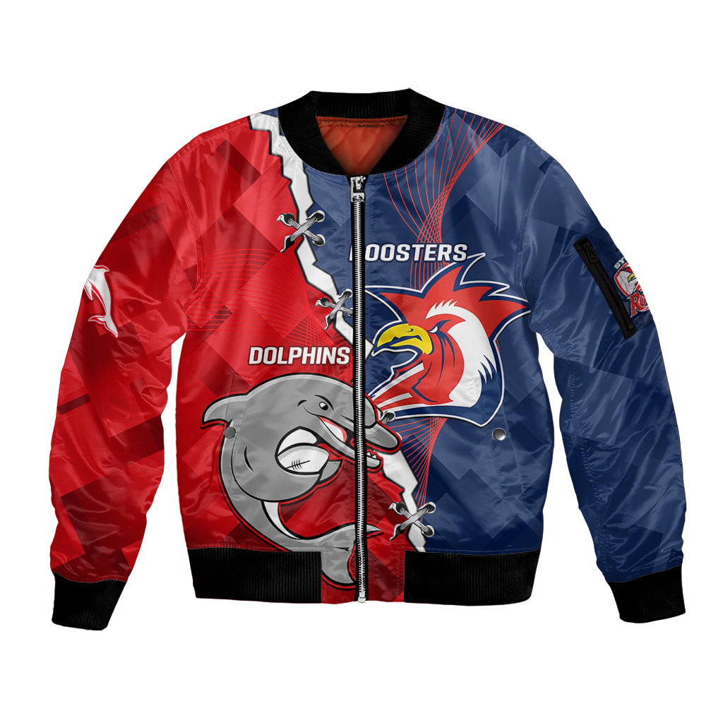 Personalised Dolphins And Roosters Rugby Sleeve Zip Bomber Jacket NRL Sporty Style