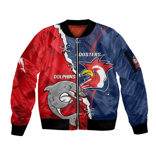 Personalised Dolphins And Roosters Rugby Sleeve Zip Bomber Jacket NRL Sporty Style