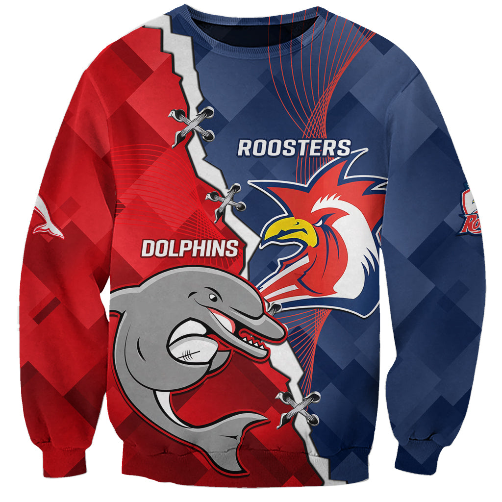 Personalised Dolphins And Roosters Rugby Sweatshirt NRL Sporty Style