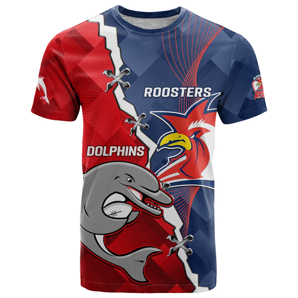 Personalised Dolphins And Roosters Rugby T Shirt NRL Sporty Style