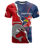 Personalised Dolphins And Roosters Rugby T Shirt NRL Sporty Style
