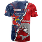 Personalised Dolphins And Roosters Rugby T Shirt NRL Sporty Style