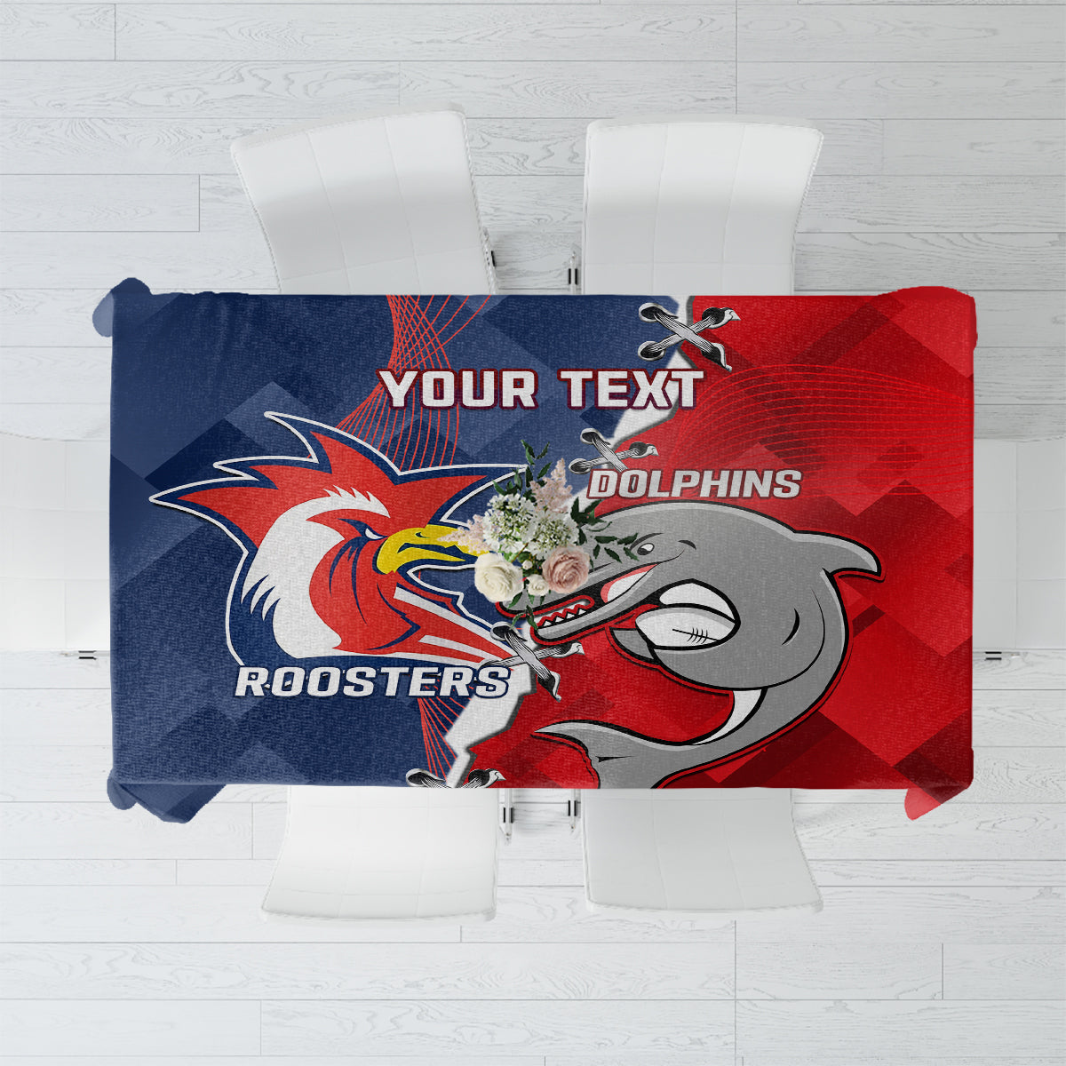 Personalised Dolphins And Roosters Rugby Tablecloth NRL Sporty Style