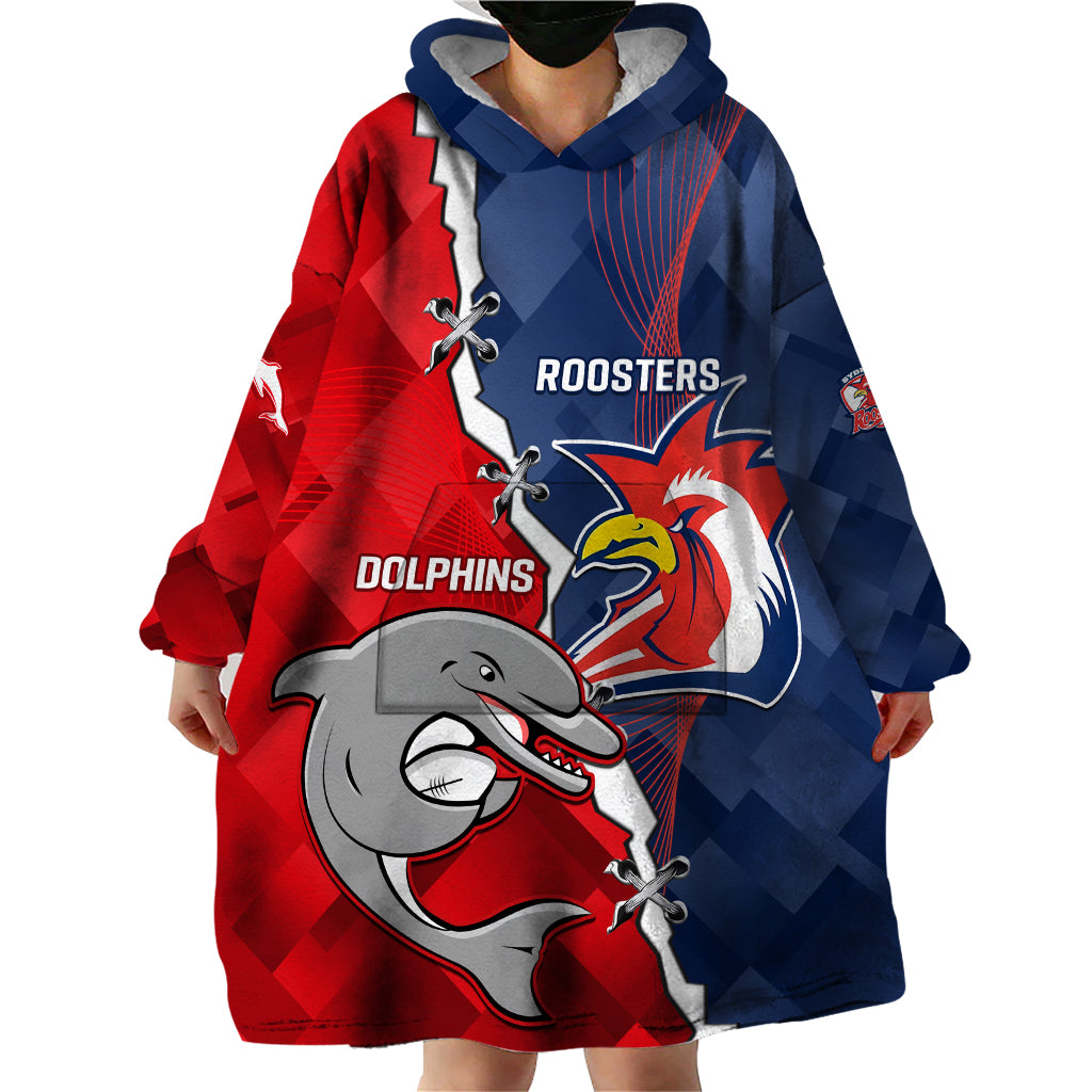 Personalised Dolphins And Roosters Rugby Wearable Blanket Hoodie NRL Sporty Style