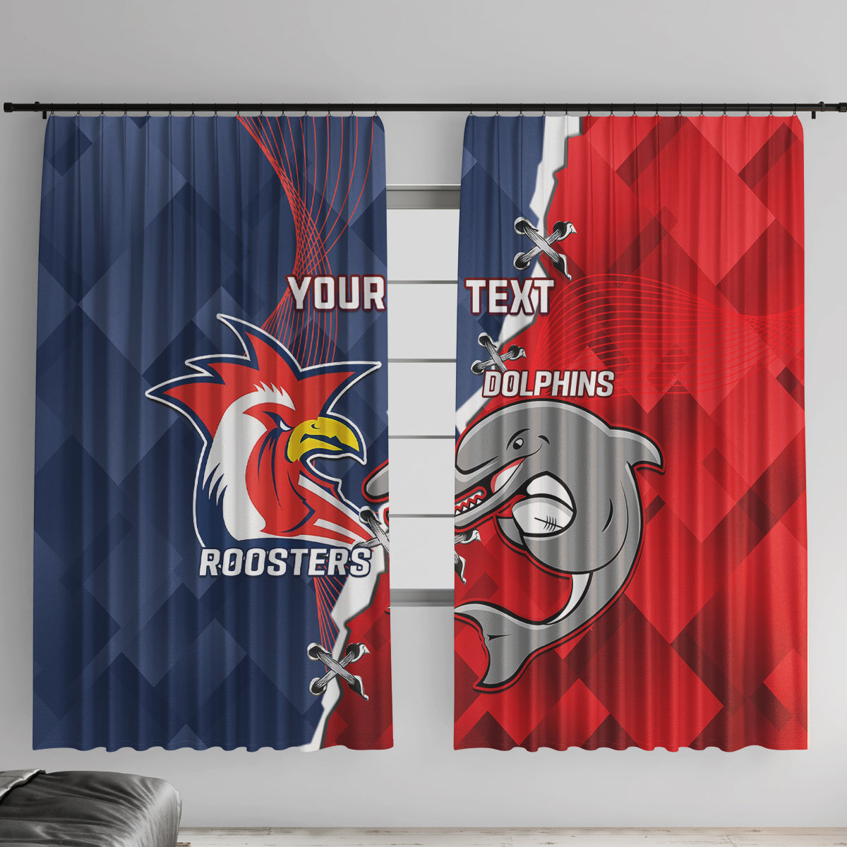 Personalised Dolphins And Roosters Rugby Window Curtain NRL Sporty Style