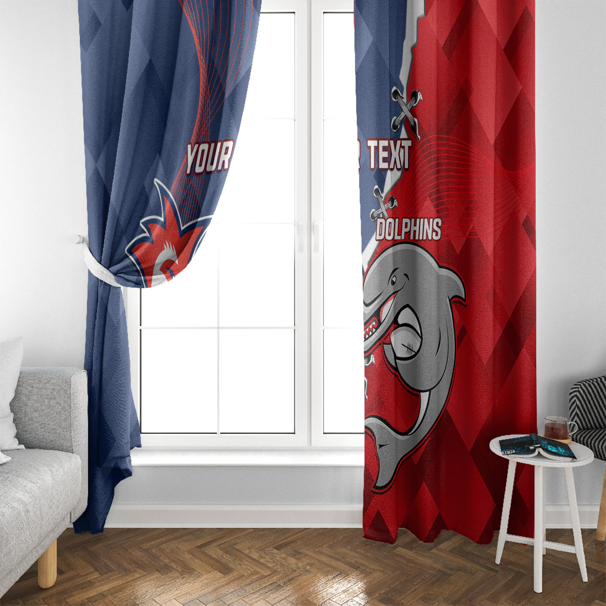 Personalised Dolphins And Roosters Rugby Window Curtain NRL Sporty Style