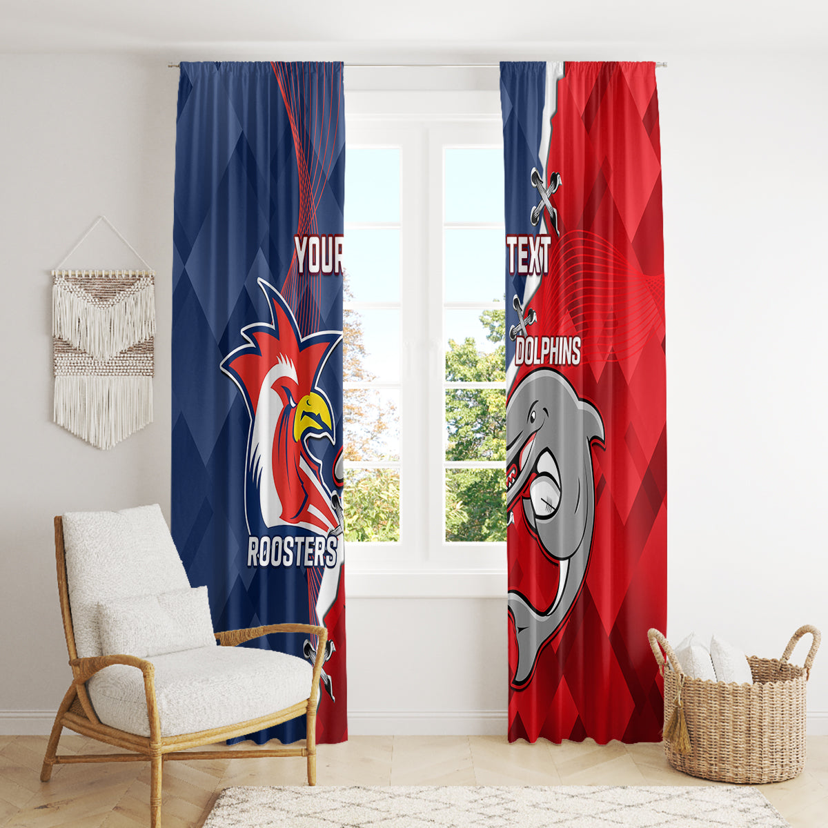 Personalised Dolphins And Roosters Rugby Window Curtain NRL Sporty Style