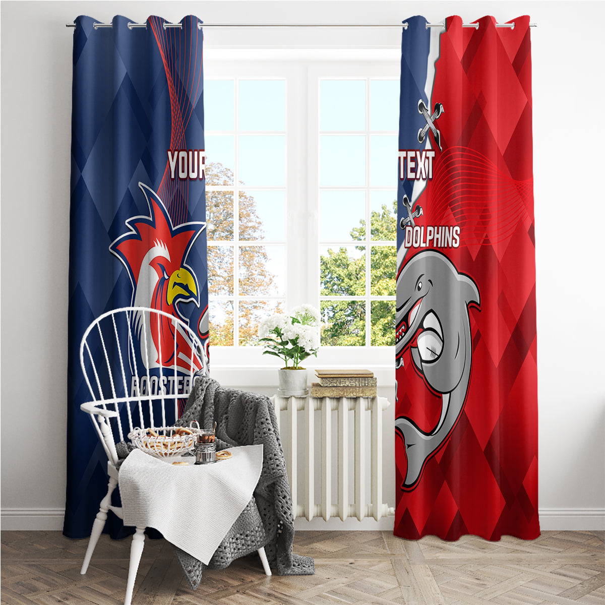 Personalised Dolphins And Roosters Rugby Window Curtain NRL Sporty Style