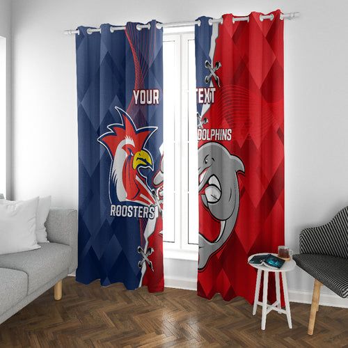 Personalised Dolphins And Roosters Rugby Window Curtain NRL Sporty Style