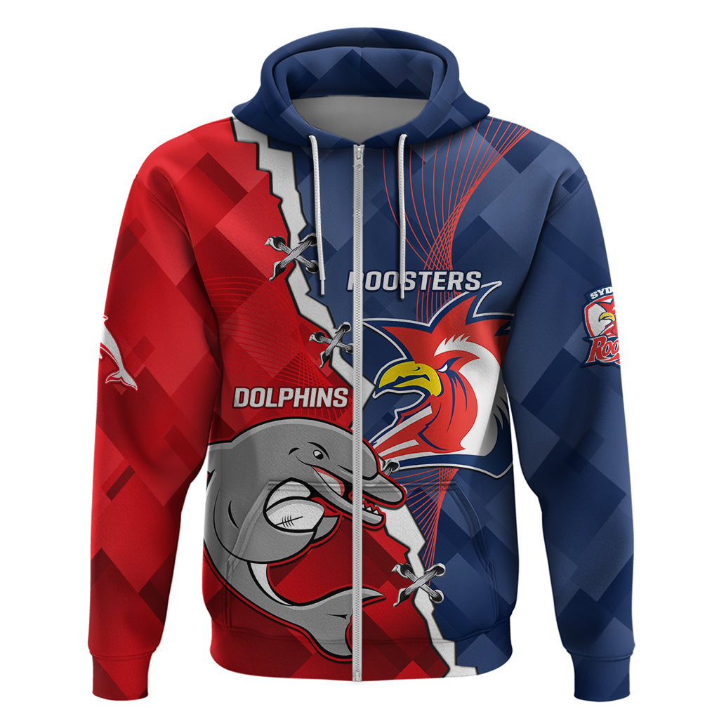 Personalised Dolphins And Roosters Rugby Zip Hoodie NRL Sporty Style