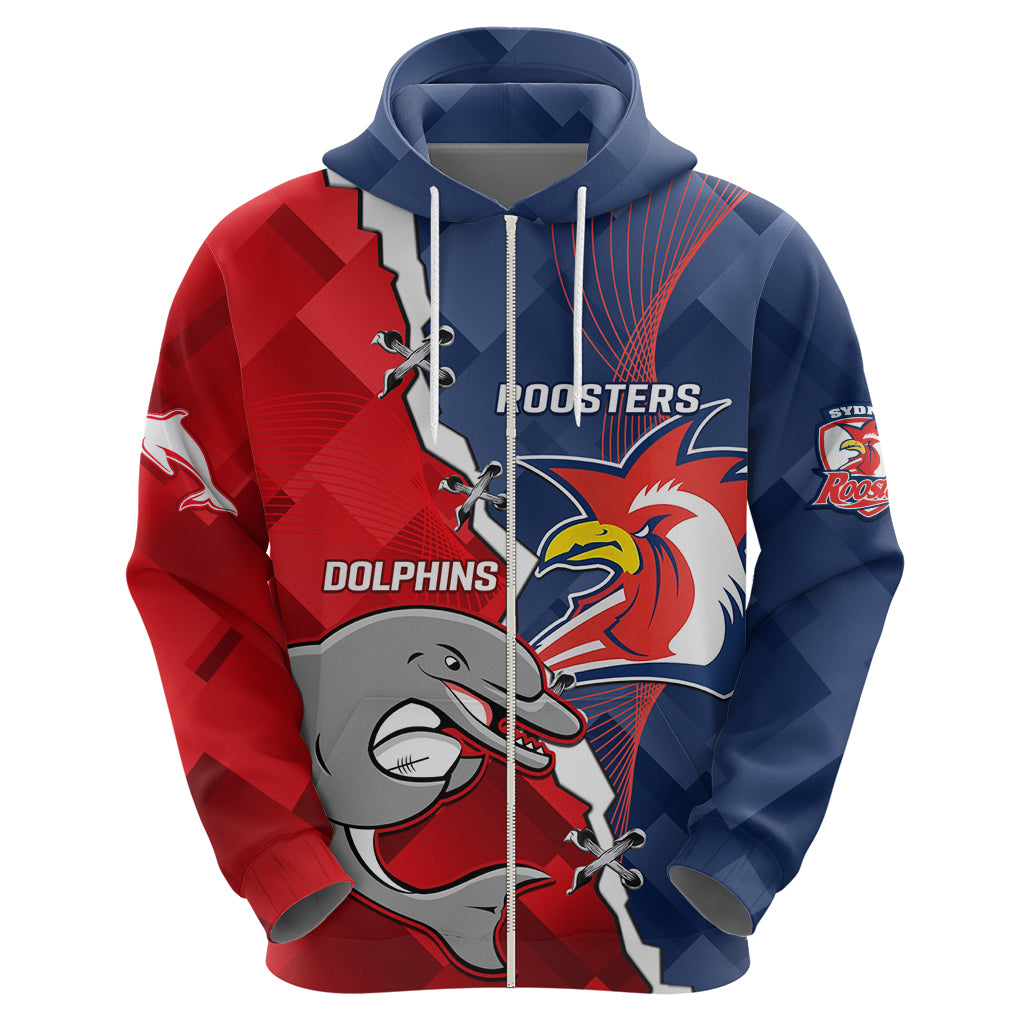 Personalised Dolphins And Roosters Rugby Zip Hoodie NRL Sporty Style