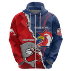 Personalised Dolphins And Roosters Rugby Zip Hoodie NRL Sporty Style