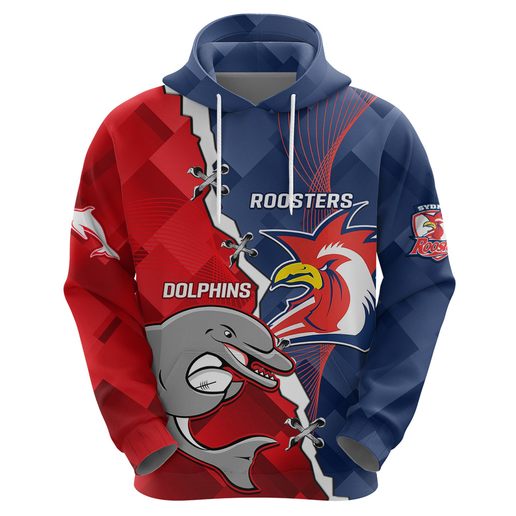 Personalised Dolphins And Roosters Rugby Zip Hoodie NRL Sporty Style