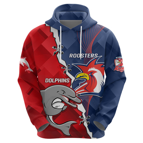 Personalised Dolphins And Roosters Rugby Zip Hoodie NRL Sporty Style