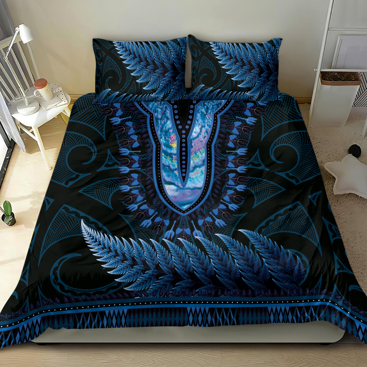 Blue African Dashiki With Aotearoa Maori Bedding Set Paua Shell Mix Silver Fern