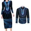Blue African Dashiki With Aotearoa Maori Couples Matching Long Sleeve Bodycon Dress and Long Sleeve Button Shirt Paua Shell Mix Silver Fern