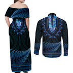 Blue African Dashiki With Aotearoa Maori Couples Matching Off Shoulder Maxi Dress and Long Sleeve Button Shirt Paua Shell Mix Silver Fern