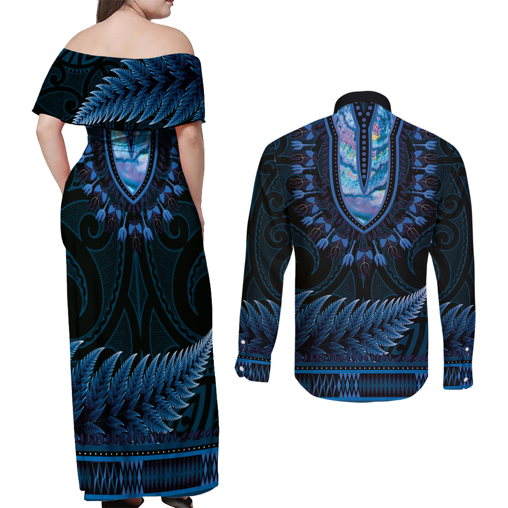 Blue African Dashiki With Aotearoa Maori Couples Matching Off Shoulder Maxi Dress and Long Sleeve Button Shirt Paua Shell Mix Silver Fern