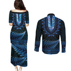 Blue African Dashiki With Aotearoa Maori Couples Matching Puletasi and Long Sleeve Button Shirt Paua Shell Mix Silver Fern