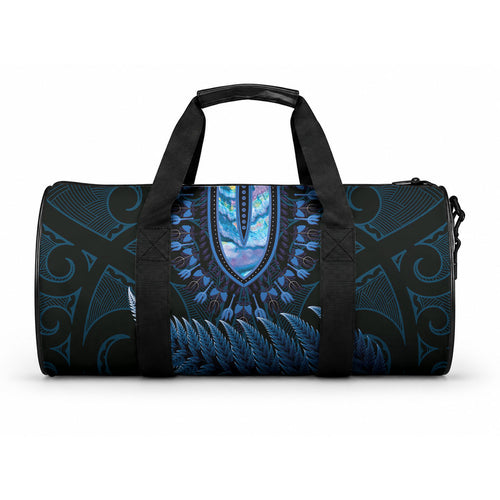 Blue African Dashiki With Aotearoa Maori Duffle Bag Paua Shell Mix Silver Fern
