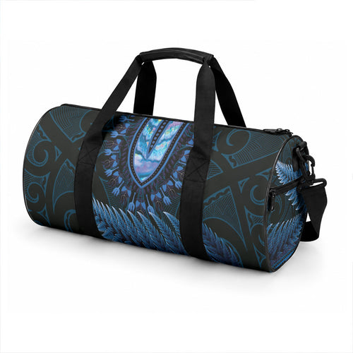 Blue African Dashiki With Aotearoa Maori Duffle Bag Paua Shell Mix Silver Fern