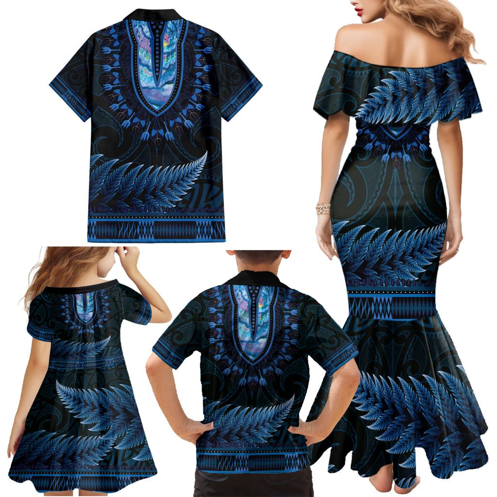 Blue African Dashiki With Aotearoa Maori Family Matching Mermaid Dress and Hawaiian Shirt Paua Shell Mix Silver Fern