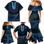 Blue African Dashiki With Aotearoa Maori Family Matching Mermaid Dress and Hawaiian Shirt Paua Shell Mix Silver Fern