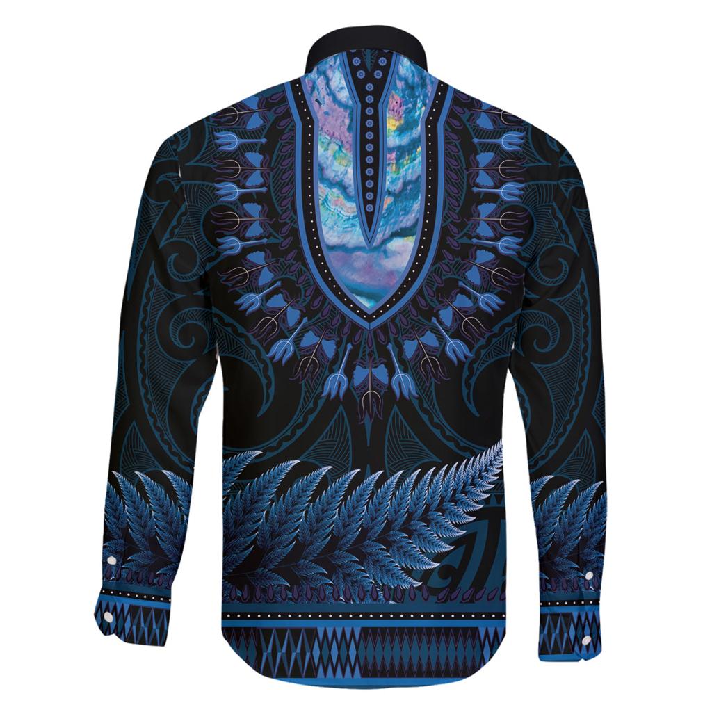 Blue African Dashiki With Aotearoa Maori Family Matching Off The Shoulder Long Sleeve Dress and Hawaiian Shirt Paua Shell Mix Silver Fern
