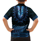 Blue African Dashiki With Aotearoa Maori Family Matching Off Shoulder Short Dress and Hawaiian Shirt Paua Shell Mix Silver Fern