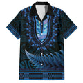 Blue African Dashiki With Aotearoa Maori Family Matching Off Shoulder Short Dress and Hawaiian Shirt Paua Shell Mix Silver Fern