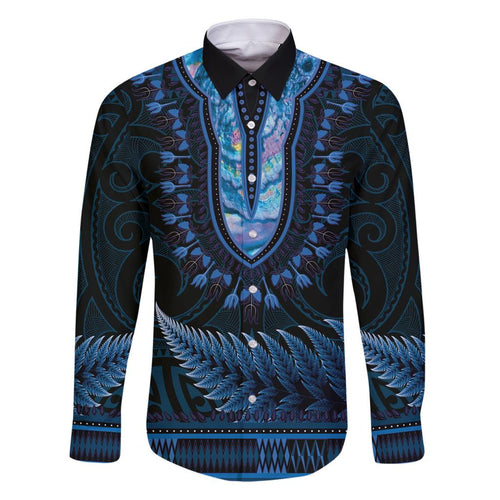 Blue African Dashiki With Aotearoa Maori Family Matching Off Shoulder Short Dress and Hawaiian Shirt Paua Shell Mix Silver Fern