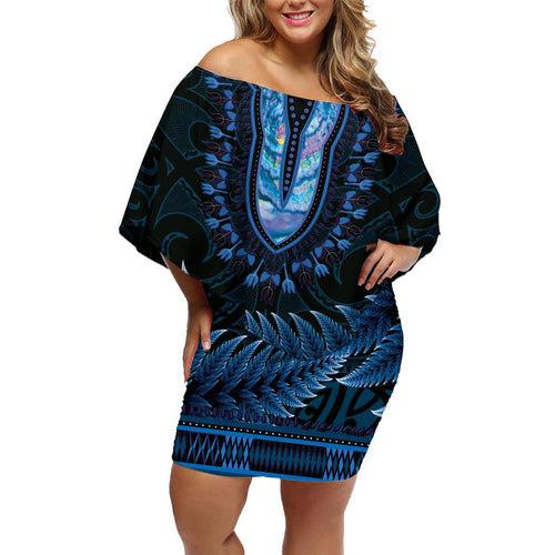 Blue African Dashiki With Aotearoa Maori Family Matching Off Shoulder Short Dress and Hawaiian Shirt Paua Shell Mix Silver Fern