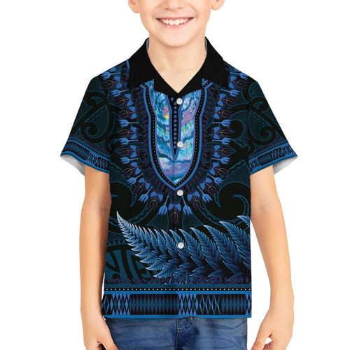 Blue African Dashiki With Aotearoa Maori Family Matching Off Shoulder Short Dress and Hawaiian Shirt Paua Shell Mix Silver Fern