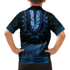 Blue African Dashiki With Aotearoa Maori Kid Hawaiian Shirt Paua Shell Mix Silver Fern