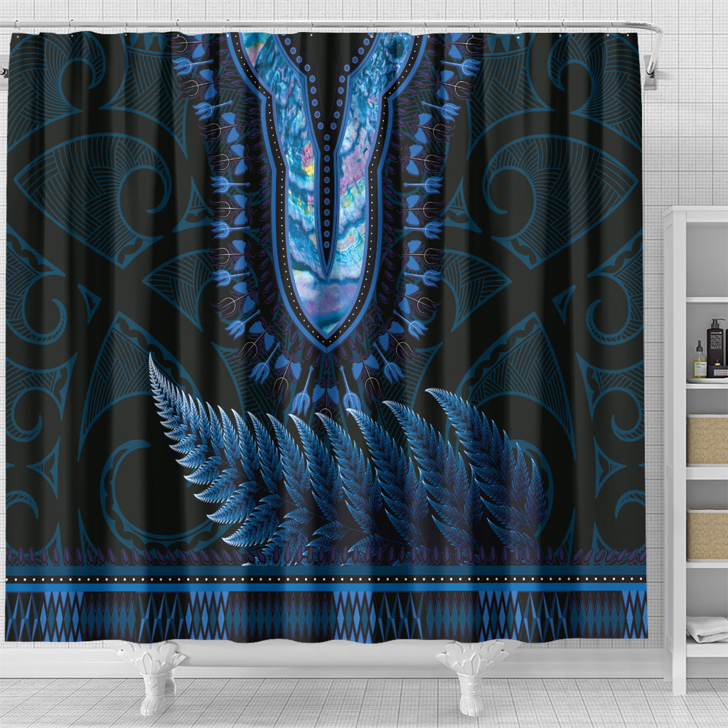 Blue African Dashiki With Aotearoa Maori Shower Curtain Paua Shell Mix Silver Fern