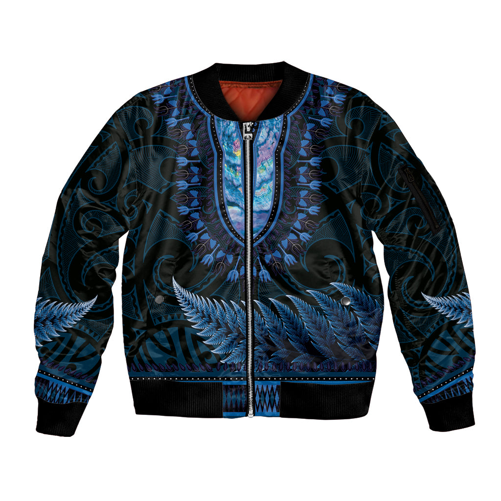 Blue African Dashiki With Aotearoa Maori Sleeve Zip Bomber Jacket Paua Shell Mix Silver Fern
