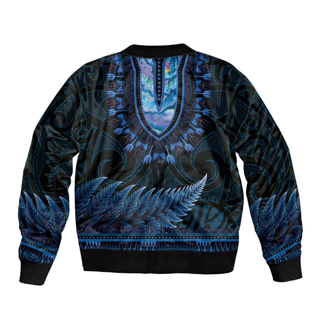 Blue African Dashiki With Aotearoa Maori Sleeve Zip Bomber Jacket Paua Shell Mix Silver Fern